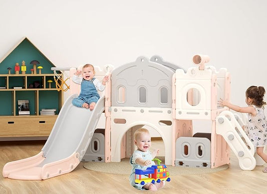 XJD 7 in 1 Toddler Slide Set, Kids Slide for Toddlers Age 1+, Toddler Climber Slide PlaySet with Basketball Hoop and Ball,Outdoor Indoor Playground for Toddlers 1-3 (Pink)