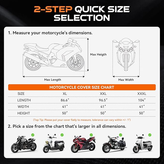 Motorcycle Cover Waterproof Outdoor, 300D Heavy Duty, UV & Rain Resistant, 3 Wind-Resistant Buckles, Dual Lock Holes, Includes Storage Bag, Fits Most Motorcycles/Scooters up to 86.6",Black