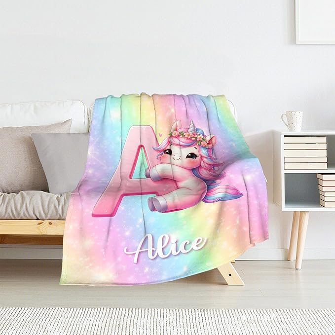 Unicorn Blanket Gifts for Girls, Custom 60 x 80 Inches Women Monogram Blanket with Name - Personalized Cute Pink Initial Throw for Unicorn Lovers