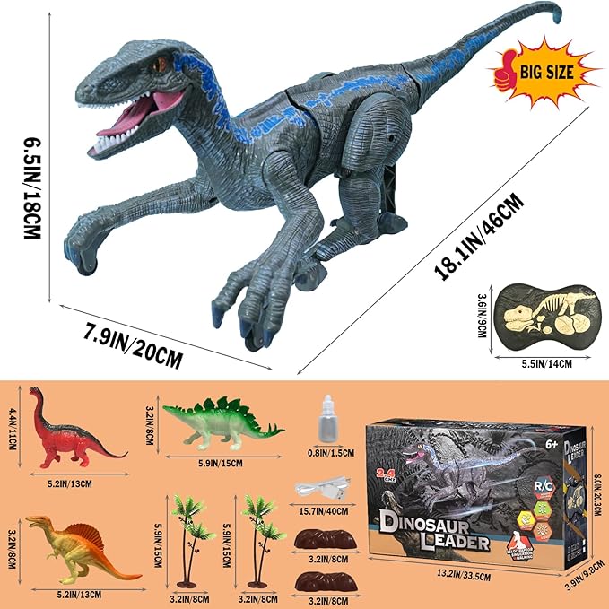 Remote Control Dinosaur Toys for Boys Kids Girls 3 4 5 6 7 8 Electronic RC Robot Toy Walking Roaring Velociraptor Realistic 18.1" Jurassic Dino Rechargeable Raptor Blue Birthday Gift