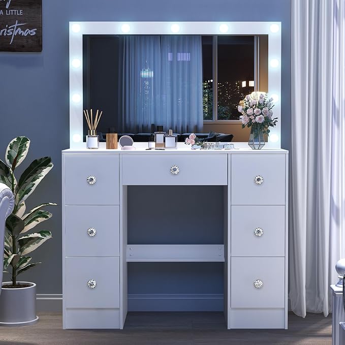 White Vanity Desk with Large Lighted Mirror, 39.4''W Makeup Vanity Desk with Lighted Mirror, Drawers, 3-Color Adjustable Brightness, Big Vanity Desk Dressing Table for Bedroom, Girls, Women Gifts