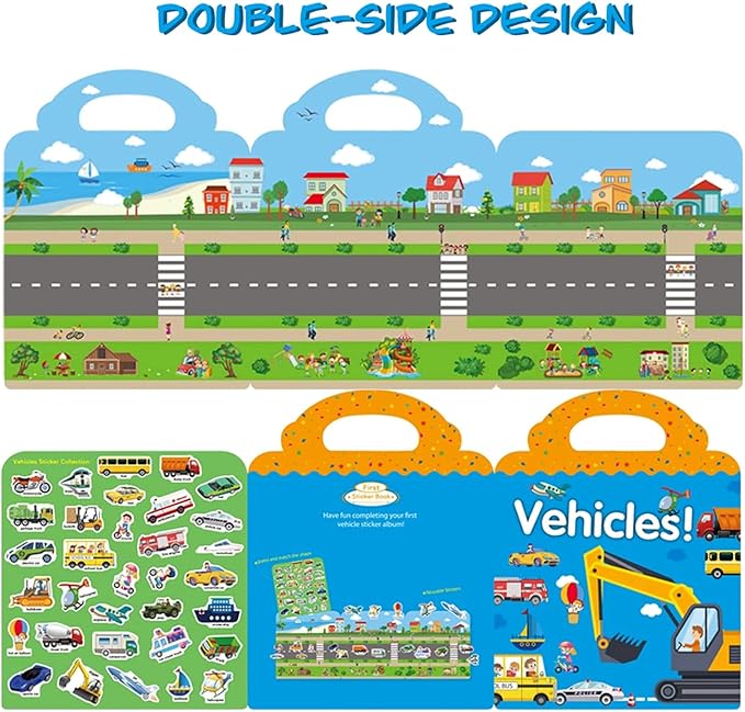 RUSON Reusable Sticker Book for Kids, 4 Sets Educational Learning Toys Travel Stickers Activity Books for Toddler Girls Boys Age 3+ Birthday Gifts - Vehicle, Space, Dinosaur & Animals