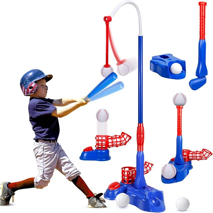 4-in-1 Tee Ball Set for Kids, Adjustable T Ball Set Stand with 6 Balls - Perfect Outdoor Toys for Boys and Girls, Indoor Outdoor Sport Gifts Baseball, Softball, Golf