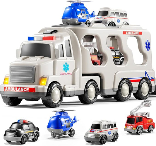 Ambulance Truck Toys Set for Kids Toddlers 1-3 3-5 Years Old, Carrier Truck Playset with Toy Cars, Light and Sound, City Learning Toys for Toddlers, Birthday Gifts for Boys Girls Aged 2-4 4-8