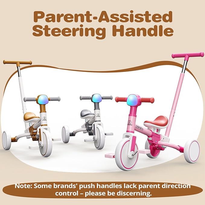 Ridego 5-in-1 Tricycle for Toddlers 2-5 Year Olds, Kids Balance Bike & Toddler Push Bike with Parent Handle, RGB Music Light, Tool-Free Assembly Birthday Gift for Boys Girls