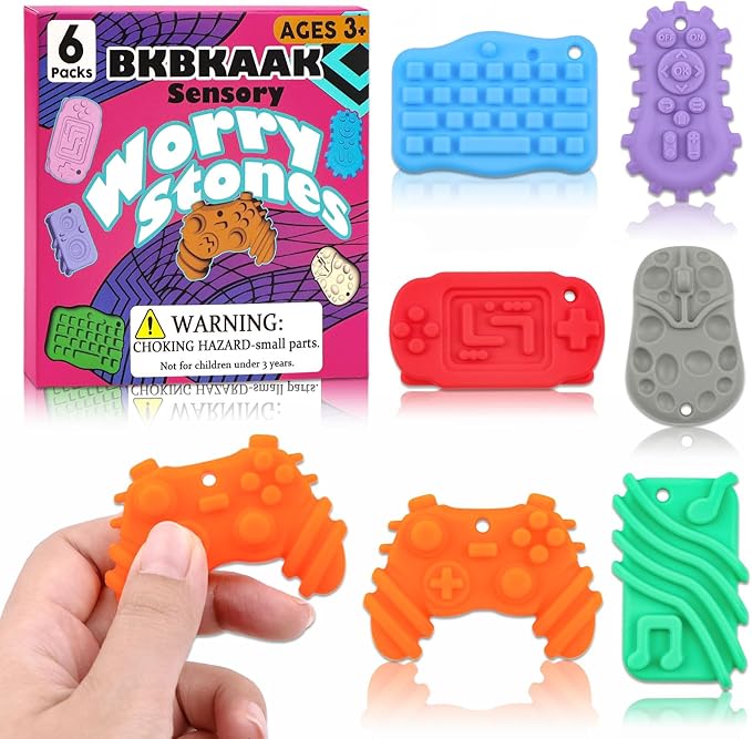 Sensory Toys Silicone Worry Stones 6 Packs - Fidget Toys for Autism Kids & Adults, Anxiety Relief Tools with Unique Shapes for School / Office Use, Calming Stress Toy & Fun Student Prizes
