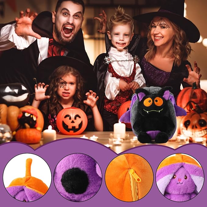 2-in-1 Transforming Plush Toy with Zipper, Reversible Bat Pillow to Bat Plush Stuffed Animal, Soft Surprise Plushie for Kids, Fun Holiday Stocking Stuffer