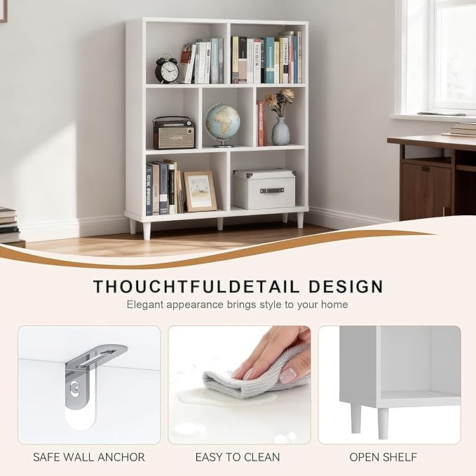 7 Cube Storage Organizer | Bookshelf with Legs|Wall Bookshelf| 3 Shelf Bookcase | -Cubic Storage Cabinet（Storing Books,Toys & More Easy to Install）