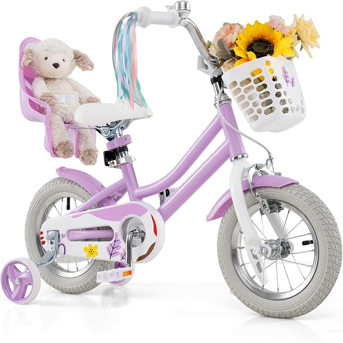 BABY JOY Kids Bike, 12 14 16 18 Inch Children Bicycle w/Detachable Training Wheels, Storage Basket, Adjustable Seat & Handlebar, Bow or Streamer, Girls Bike for 3-8 Years Old