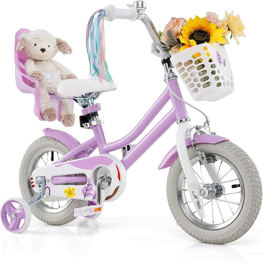 BABY JOY Kids Bike, 12 14 16 18 Inch Children Bicycle w/Detachable Training Wheels, Storage Basket, Adjustable Seat & Handlebar, Bow or Streamer, Girls Bike for 3-8 Years Old