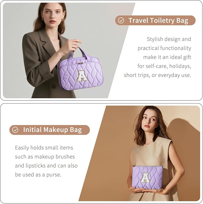 YOOLIFE Travel Toiletry Bag for Women - Hanging Toiletry Bag Initial Makeup Bag, Portable Toiletries Cosmetic Bag, Airplane Travel Essentials Purple - G