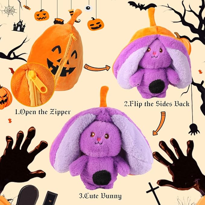 2-in-1 Transforming Plush Toy with Zipper, Reversible Pumpkin to Bunny Stuffed Animal, Soft Surprise Plushie for Kids, Cute Holiday Stocking Stuffer for Boys and Girls