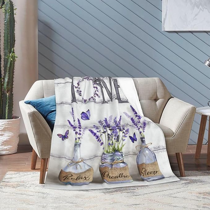 Farmhouse Floral Blanket for Women Girls Ultra Soft Cozy Lavender Flower Throw Blanket Fleece Fuzzy Plush Bedding Blanket Purple Flower Gifts for Women Girls Kids Adults Couch Sofa 50"x40"