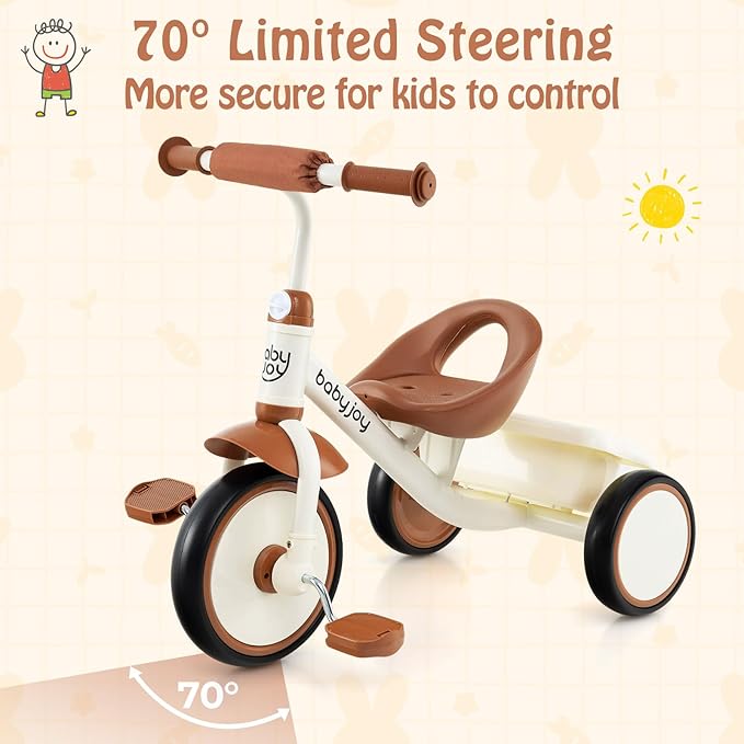 BABY JOY Toddler Tricycle, Kids Trike with Adjustable Seat and Storage Basket for Boys Girls Indoor and Outdoor Riding, Toddler Trike for Baby 3-5 Years Old (Beige)
