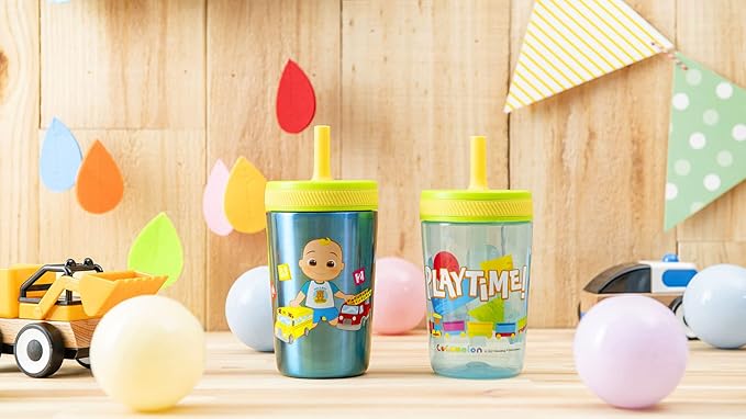Zak Designs CoComelon Kelso Tumbler Set, Leak-Proof Screw-On Lid with Straw, Bundle for Kids Includes Plastic and Stainless Steel Cups with Bonus Sipper (3pc Set, Non-BPA)