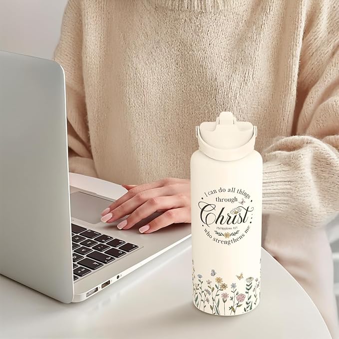 Christian Inspiration Water Bottle 32oz Stainless Steel with Lid & Straw, Inspirarional Insulated Bottles for Women Girls, Religious Inspirational Gift Idea for Birthday Christmas