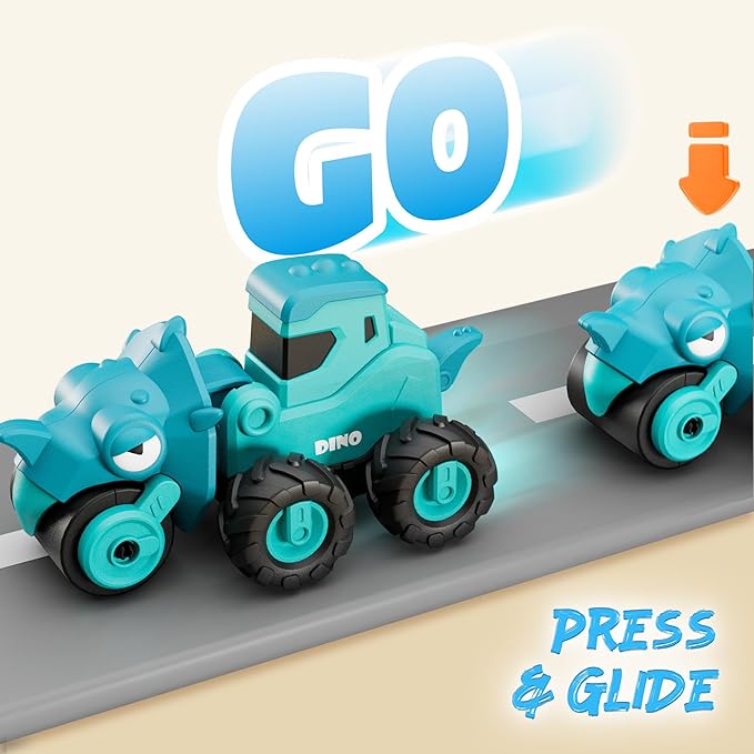 iPlay, iLearn Dinosaur Truck Toys for Toddlers, Boys Dino Press Go Racing Cars, Kids Construction Sandbox Vehicles Playset, Baby Push Go Friction Car Set, Birthday Gift for 18 Months 2 3 4 5 Years Old