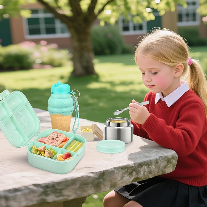 Kids Lunch Box Set -12oz Insulated Food Jar, Thermal Bag,Leakproof Lunch Food Containers Cutlery (BPA Free)-Gift for Girls/Boys Age 3-10(Green)