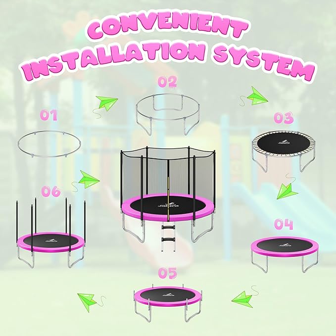 Trampoline 8FT 10FT, Outdoor Trampolines with Enclosure Net and Ladder, Recreational Anti-Rust Trampolines for Kids and Adults, ASTM Approved