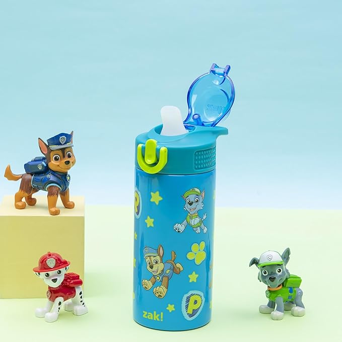 Zak Designs PAW Patrol Sage Kids Water Bottle For School or Travel, 14oz Stainless Steel Water Bottle With Straw, Handle, and Leak-Proof Spout Cover (Chase, Marshall, Skye, Rubble, Rocky, Zuma)