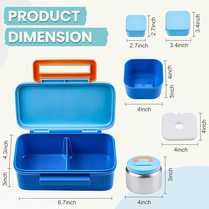 PIQUEBAR Kids Lunch Box with 8oz Thermo, Leakproof Bento Box with Insulated Bag, Kids Insulated Water Bottle, Food Lunch Container for Back to School Girls Boys, Blue