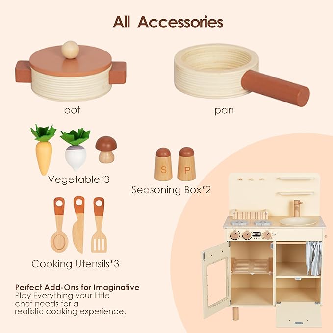 Wooden Play Kitchen for Kids, Realistic Pretend Kitchen Playset with Swivel Faucet & Kitchen Accessories Set for Toddlers Ages 3+