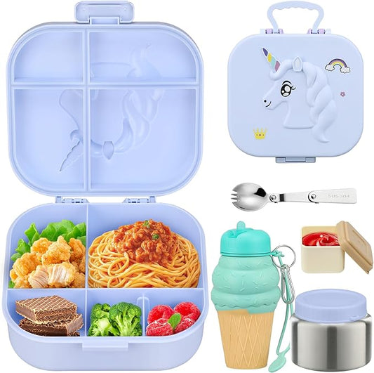 Kids Lunch Box Set -12oz Insulated Food Jar, Thermal Bag,Leakproof Lunch Food Containers Cutlery (BPA Free)-Gift for Girls/Boys Age 3-10(Blue)
