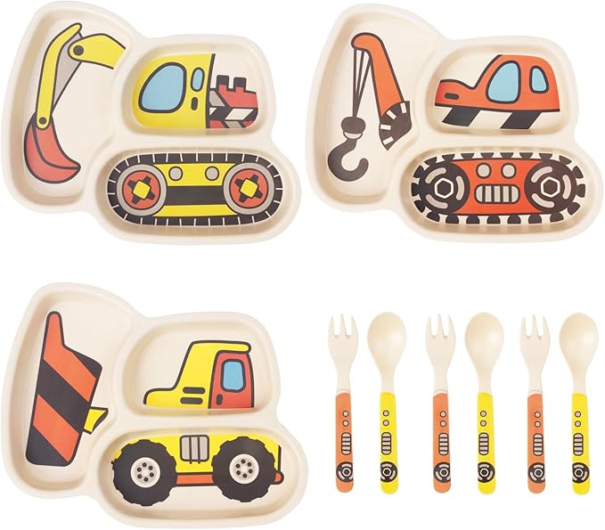 Kids Plates Set, Included Plate Fork and Spoon 9-Piece Set - Toddler Plates Dinnerware Dinner Dish Set Baby Feeding Divided Plate - Child Portion Control Trays (Excavator+Bulldozer+Hook Truck)