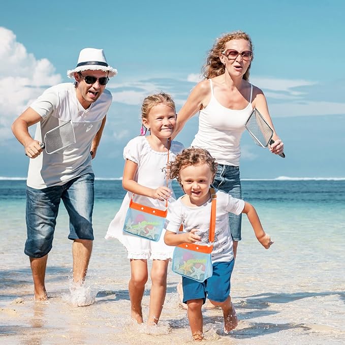 2 PCS Beach Mesh Shovel Sand Sifters with 2 PCS Mesh Beach Bag, Shark Tooth Sifter for Shell Collecting, Filter Sand Scooper Shells Tools for Boys and Girls