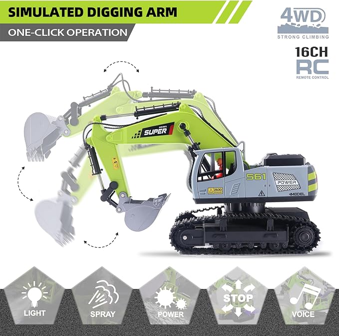 Remote Control Excavator Toys for Boys,16 Channel Dual Speed Control RC Excavator Construction Toys with Metal Shovel & Light,Simulated Smoke,Christmas Birthday Gift Toy for Boys Kids