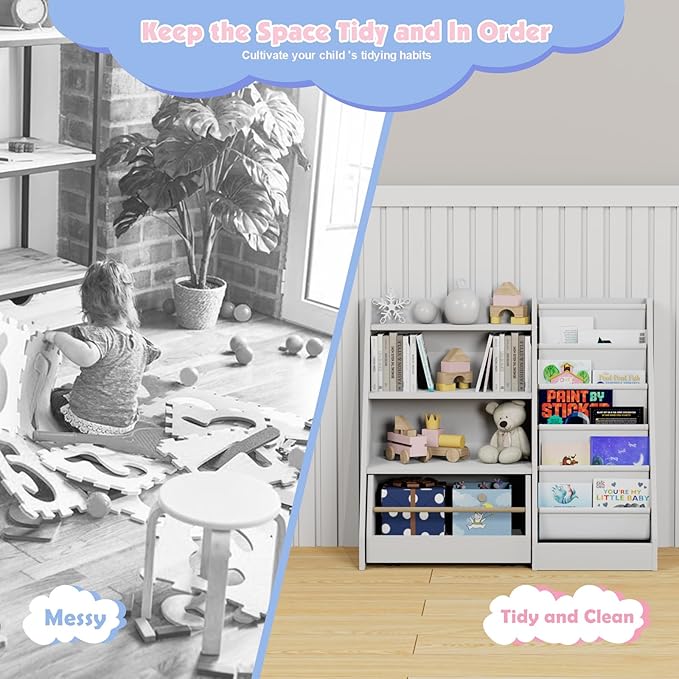 Kids Bookshelf with Toy Storage Organizer Movable Drawer, Toddler Bookcase 5 Sling Child Book Rack 4-Tier Shelf Cabinet Chest with Wheels for Nursery,Playroom,Bedroom,Living Room,Classroom