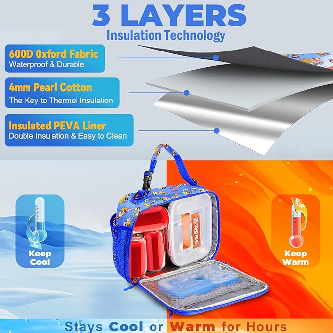 Kids Lunch Box Kids Lunch Bag for Girls Boys, Insulated Lunch Bag for Men with Shoulder Strap, Small Lunchbox for Girls School Travel Picnic (Blue, Car)