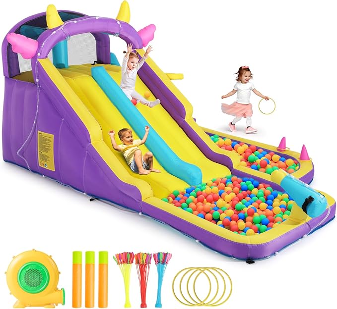 JOYLDIAS Inflatable Water Slide,Water Park Bounce House,Slide Bouncer Castle Playhouse w/Splash Pool, Climbing Wall, Ring Toss Game for Kids Outdoor Fun, 480W Air Blower