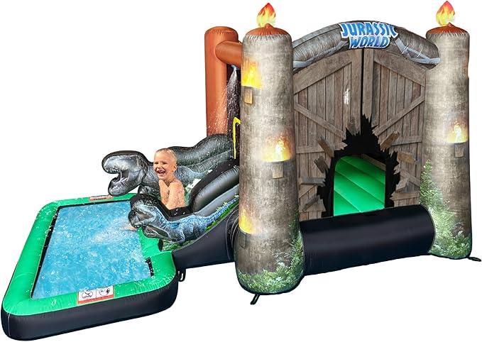 Funormous Jurassic World Dinosaur Bounce House with Slide, Ball Pit & Pool – Indoor/Outdoor Inflatable Castle with GFCI Air Blower for Kids Ages 3–8