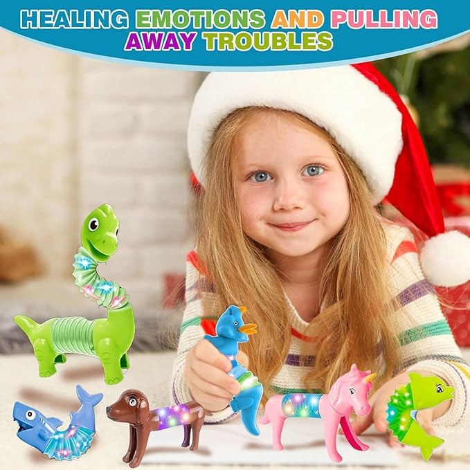 LED Animal Pop Tubes Fidget Toys 10PCS, Sensory Toys for Autism & Stress Relief, Travel Toys for Car and Airplane, Christmas Stocking Stuffers for Kids & Toddlers