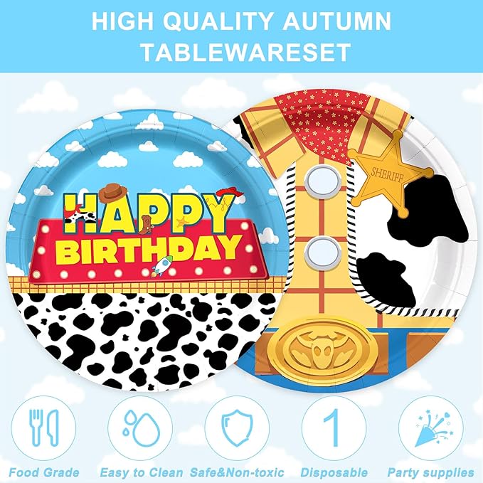 182PCS Toy Theme Party Supplies Cartoon Toy Theme Party Decorations Toy Theme Tableware Set Plates Napkins Cups Banners Tablecloths Forks Knives Holds 20 Guests