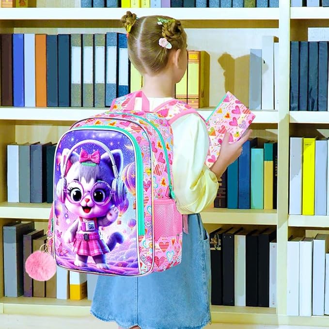 CCJPX 3Pcs Cat Backpack for Girls, 16” Kids Bookbag with Lunch Box, Water Resistant Elementary School Bag for Kindergarten Preschool Toddler (Pink)