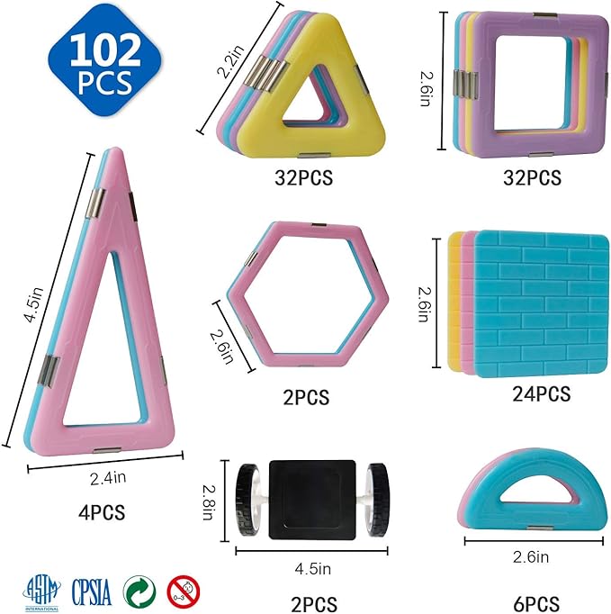 MAGBLOCK 102 Pieces Magnetic Tiles Toys for 3 4 5 Year Old Girls Boys, Castle Magnet Toy Building Block for Kids Toddlers, Magnetic Blocks Educational Montessori STEM Toys for Toddler Girls Gifts