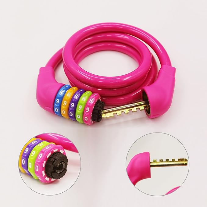Bike Lock Cable - 4 Feet Resettable Cable Lock - Self Coiling 5 Digit Combination Bicycle Lock (Rose Red)