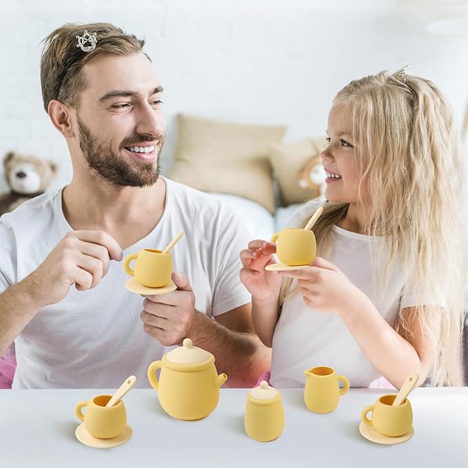 MCGMITT Toy Tea Set, Silicone Tea Party Set for Little Girls Boys, 15 Pcs BPA Free Dishwasher Safe Pretend Tea Set for Toddlers Kids Age 3-6, Non Breakable Cute Toy Kitchen Accessories for Children