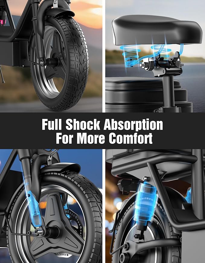 Electric Scooter Adults, 1000W Peak Motor, 40 Miles Range Scooter with Seat, 30MPH Top Speed, Foldable Escooter with Large Middle Basket for Pets and Cargo, Dual Suspension for Commuting