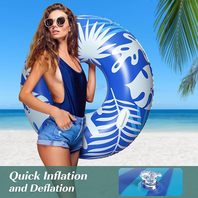 HeySplash Pool Tubes for Adult, 42 Inch Large Pool Floats with Handles, Inflatable Swim Rings Lounge, Hawaii Fun Swim Floaties Swimming Pool Beach Lake River Party Decoration Toys, Blue+White Leaves