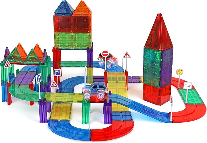 Playmags Magnetic Tiles Race Track Set - 200 Piece STEM Engineering Building Blocks with 2 LED Race Cars, Educational Magnet Toy for Kids