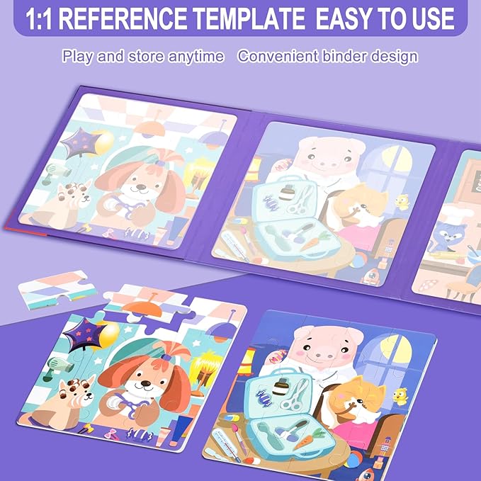 ASTARON Magnetic Puzzles for Toddlers, 12-16-25 Pieces Hairdresser/Doctor/Chef Learning Magnet Puzzles for Road Trip, Educational Travel Toys Car Plane Activities for Kids, Kids Birthday Gifts