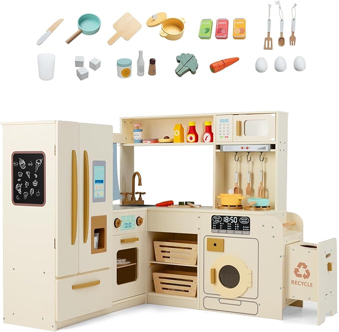 Costzon Corner Kitchen Playset, Kitchen Toy Set w/Real Lights & Sounds, Large Fridge, Ice Maker, Oven, Microwave, Washer, Trash Can & 22 Accessories, Wooden Pretend Play Kitchen for Kids 3+ (Beige)