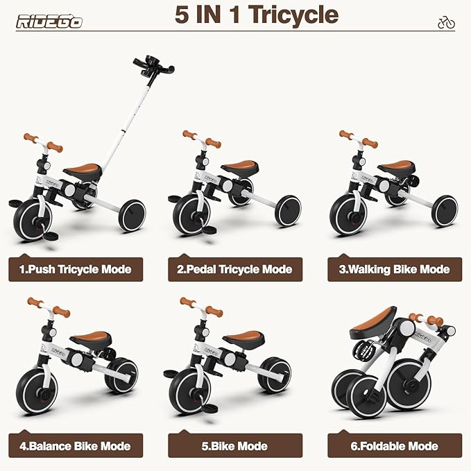 Ridego Toddler Tricycle with Push Handle for 3-5 Years Old Boys and Girls,5 in 1 Foldable Toddler Bike with Adjustable Seat, Kids Tricycle Ride-on Toys for Kids Birthday Gifts