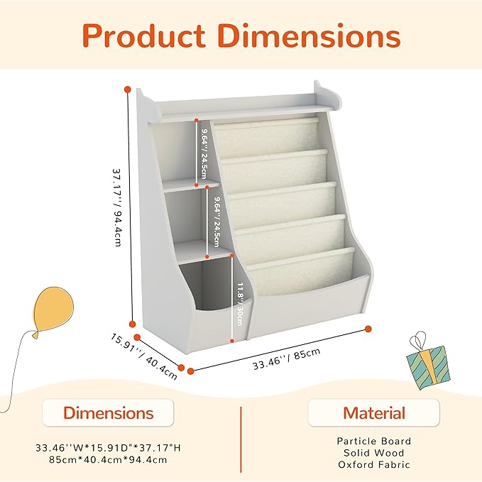 FKWin Montessori Bookshelf and Toy Storage Organizer - 5-Tier Kids Book Shelf for Kids Rooms,Deer Head Montessori Shelf,Grey