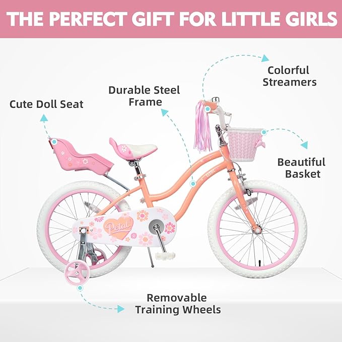 Glerc Petal Girls Bike, 12-18 Inch Kids Bike for Ages 2-9 Years Old Children, Princess Style Kids Bicycle with Training Wheels & Basket & Streamers, Multiple Colors