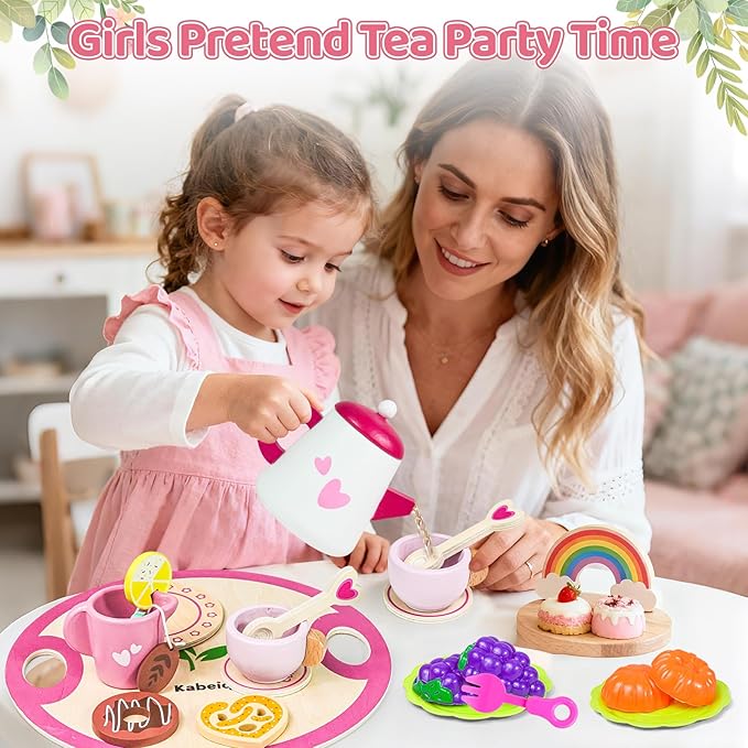 Tea Party Set for Little Girls, Princess Tea Time Toys with Play Food & 2 Dolls Dress up Set, Pretend Kids Kitchen Playset for Girl Toddler Age 3-8 Birthday Gifts