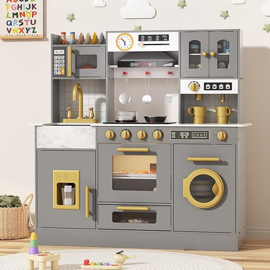 BIERUM Wooden Play Kitchen for Kids Ages 3-8 with Lights & Sounds, Pretend Play Kitchen Set with Stove, Ice Maker, Coffee Maker, Oven & Accessories, Toddler Kitchen Playset for Boys and Girls (Gray)